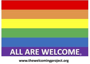The Welcoming Project All are Welcome written on a rainbow flag
