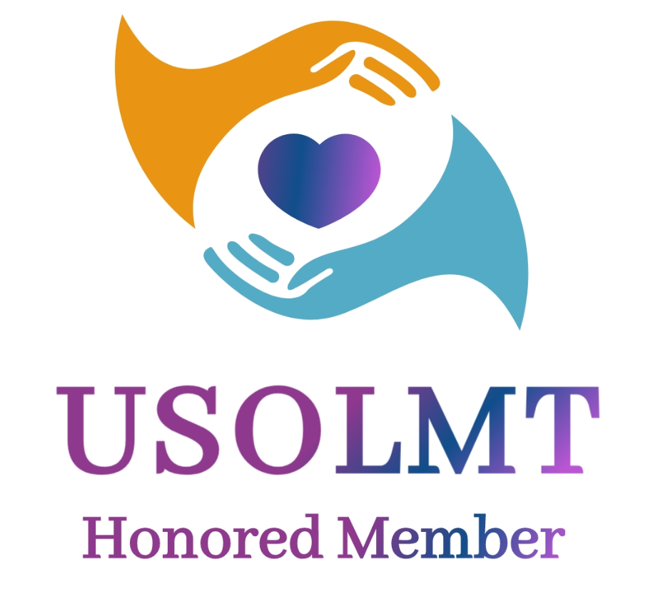 USOLMT Honored Member an orange and blue hand circling a purple heart